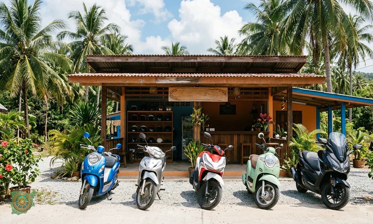Samui Bikes rental shop with scooters and motorbikes on display, Koh Samui
