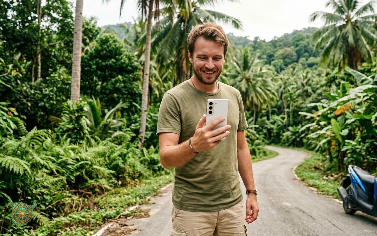 Tourist holding an Android phone on a Koh Samui jungle road ready to order a rental scooter