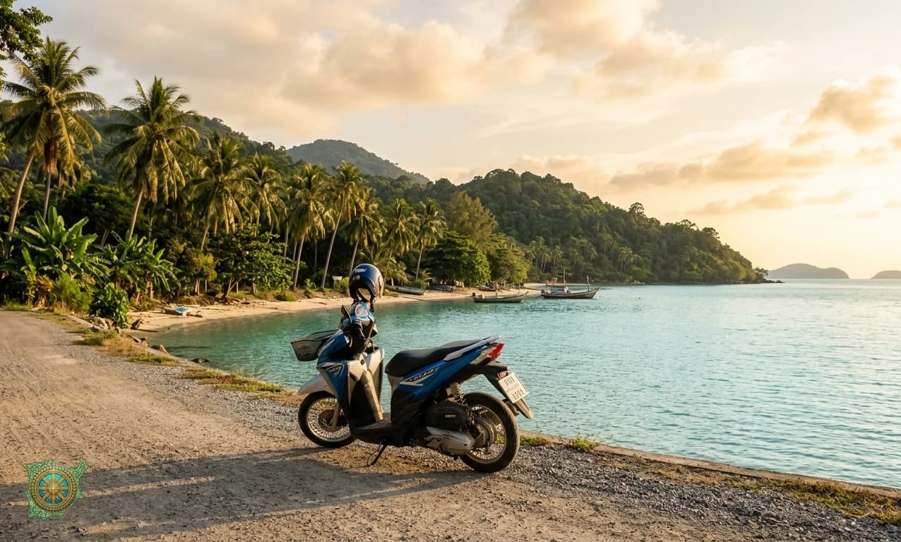 Scooter parked beside a quiet turquoise bay at golden hour on Koh Samui