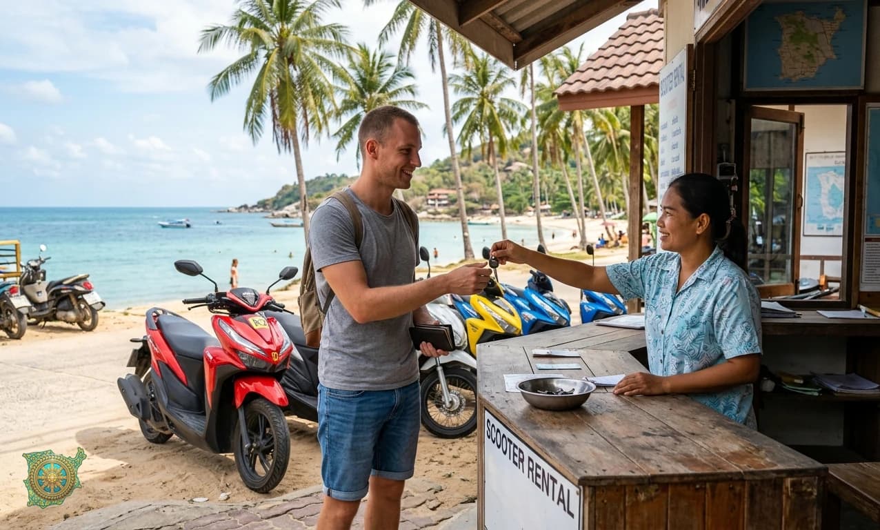 Tourist receiving scooter rental keys at an open-air rental counter on Koh Samui