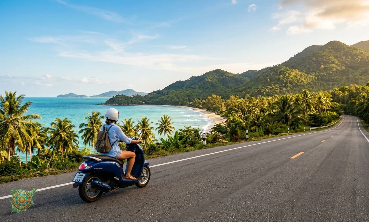 Scooter rider on a coastal road in Koh Samui with turquoise sea and palm trees