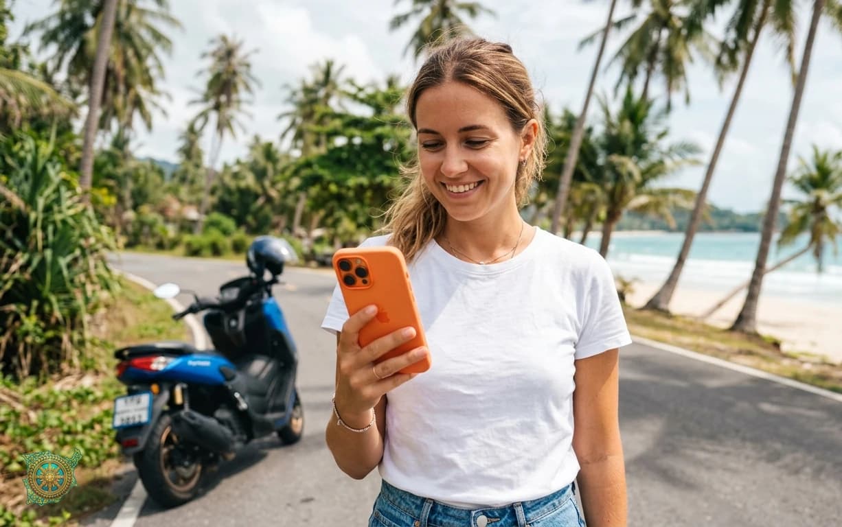 Tourist holding an iPhone beside a Koh Samui beach ready to order a rental scooter